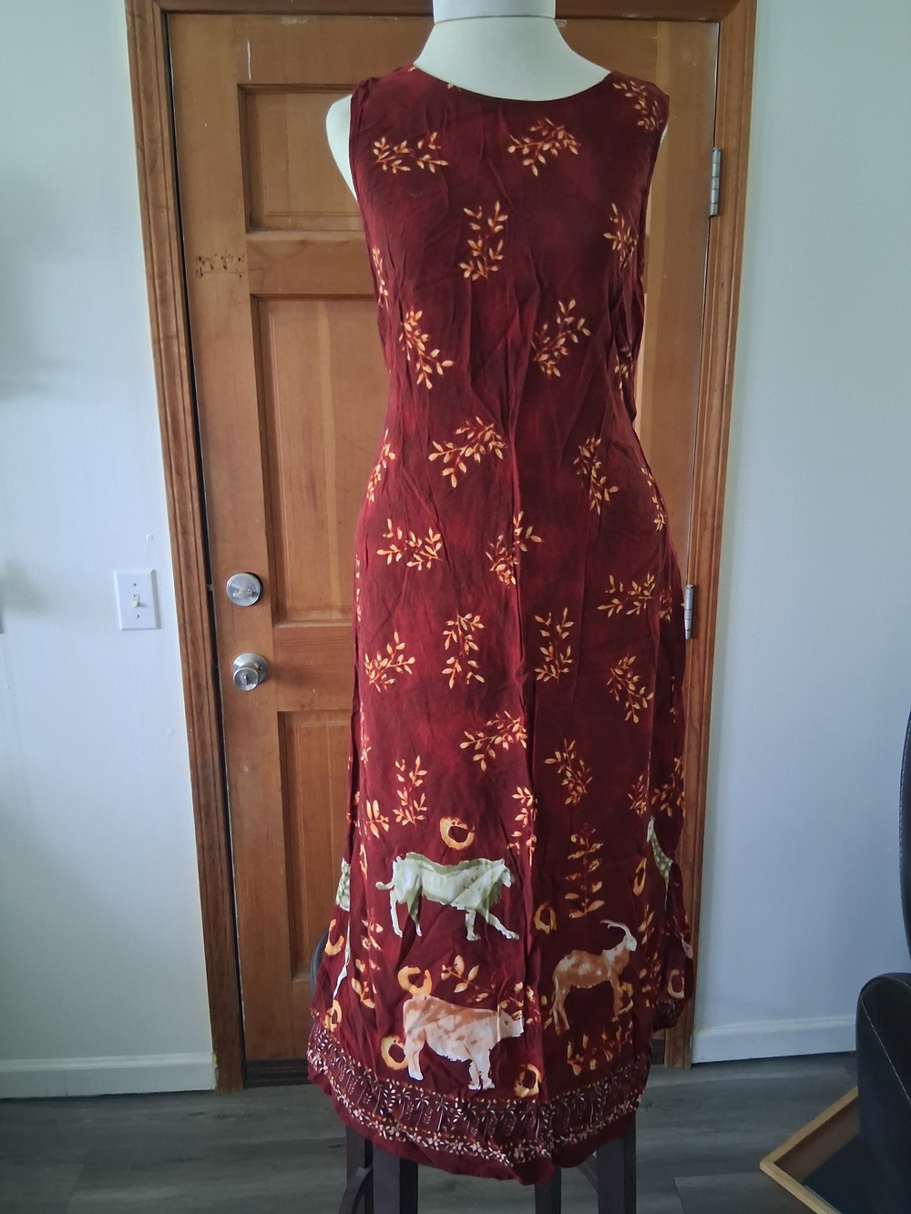 Sleeveless Burgundy Midi Dress with Gold Leaf & Cream Animal Motifs
